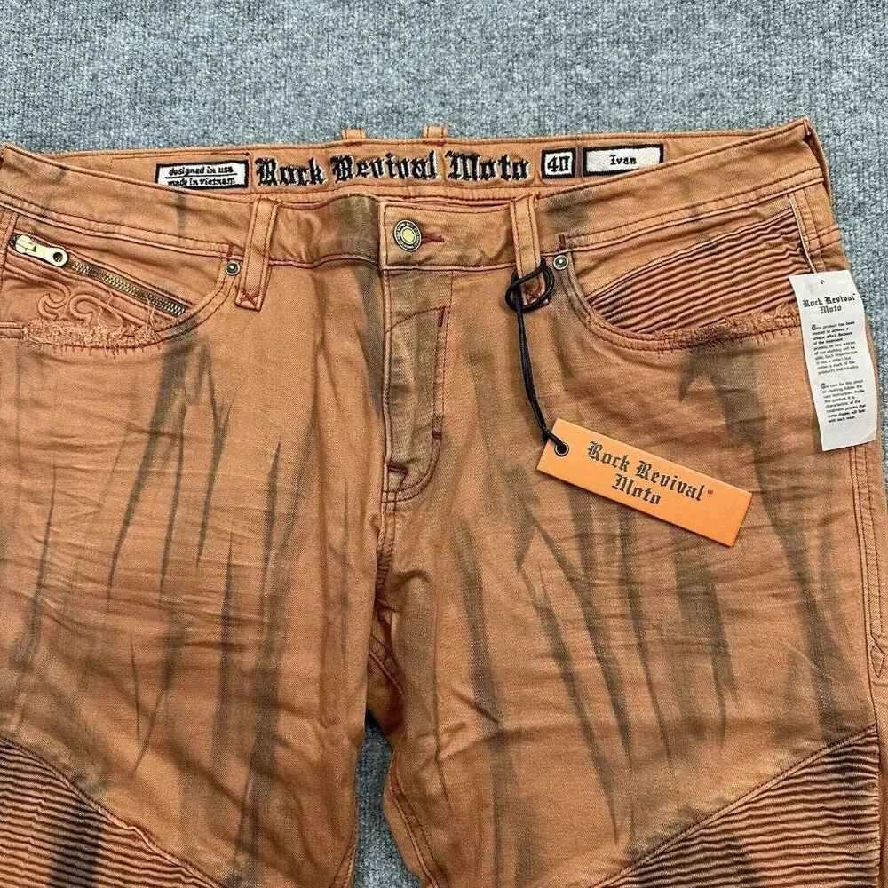 Rock Revival Moto Ivan Jeans Sz 40 Orange Slim Stretch Biker Y2K Distressed NWT